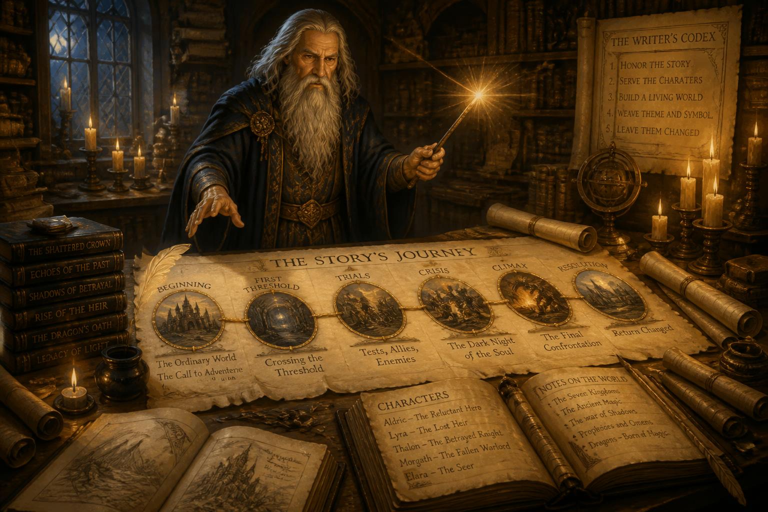 Illustration of a bearded wizard with a magical wand in an ancient scriptorium, mapping a series of storytelling novels from beginning to end on a long parchment